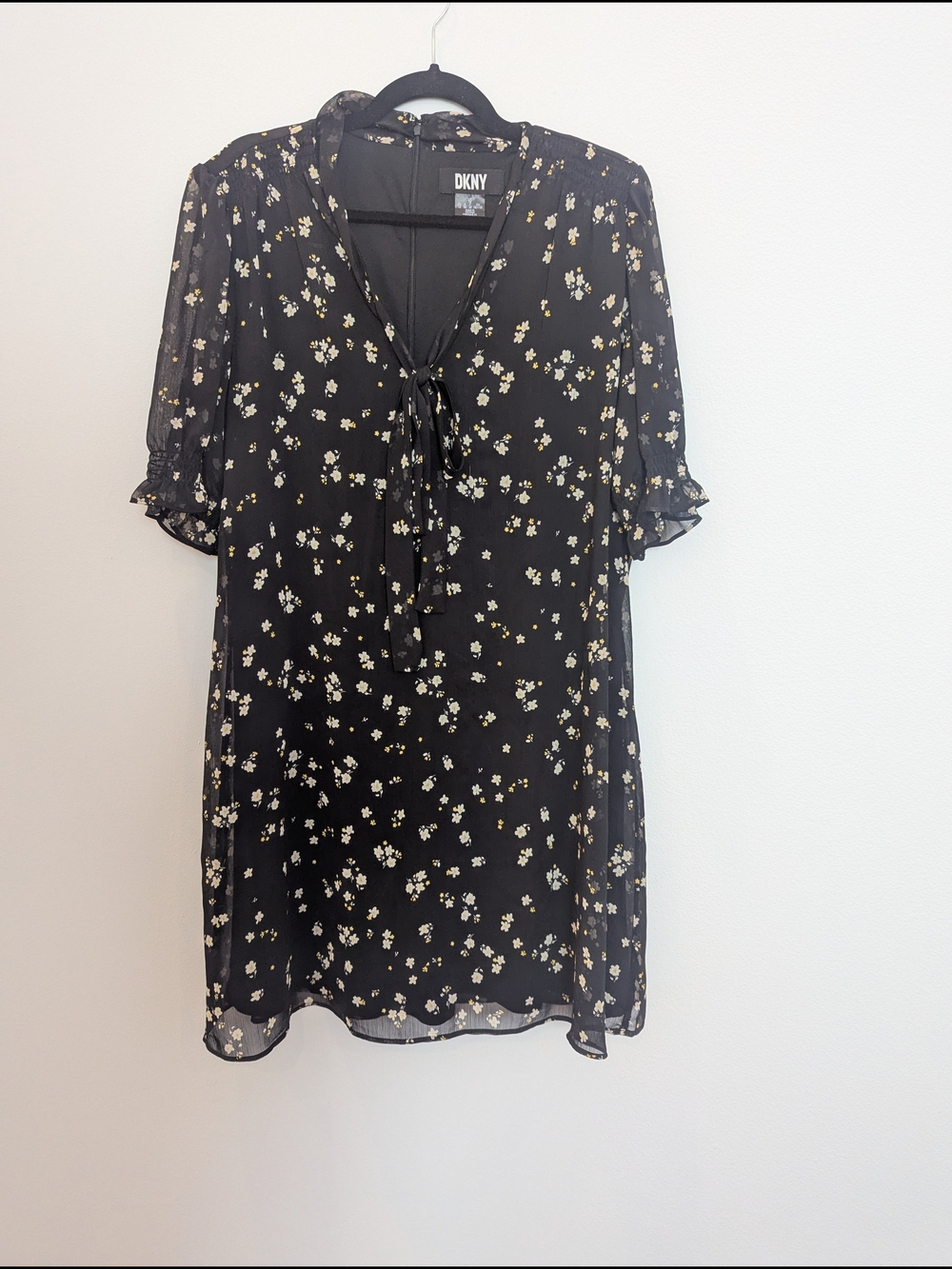DKNY Black Floral Tie-Neck Dress